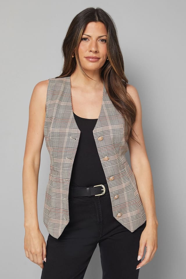 Wallis Wallis Women's Check Button Through Waistcoat in Beige - 2