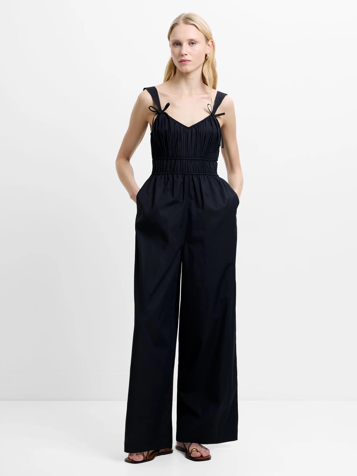 French Connection Era Poplin Ruched Bust Jumpsuit Black - 1