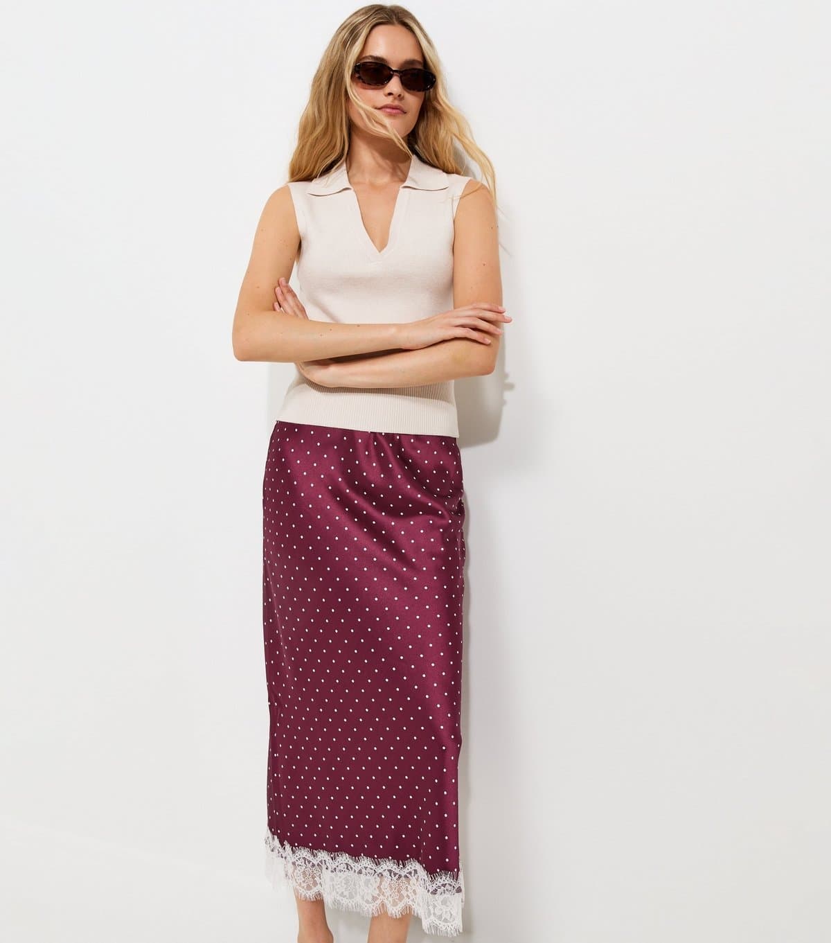 New Look Women's Polly Polka Satin Lace Bias Skirt New Look