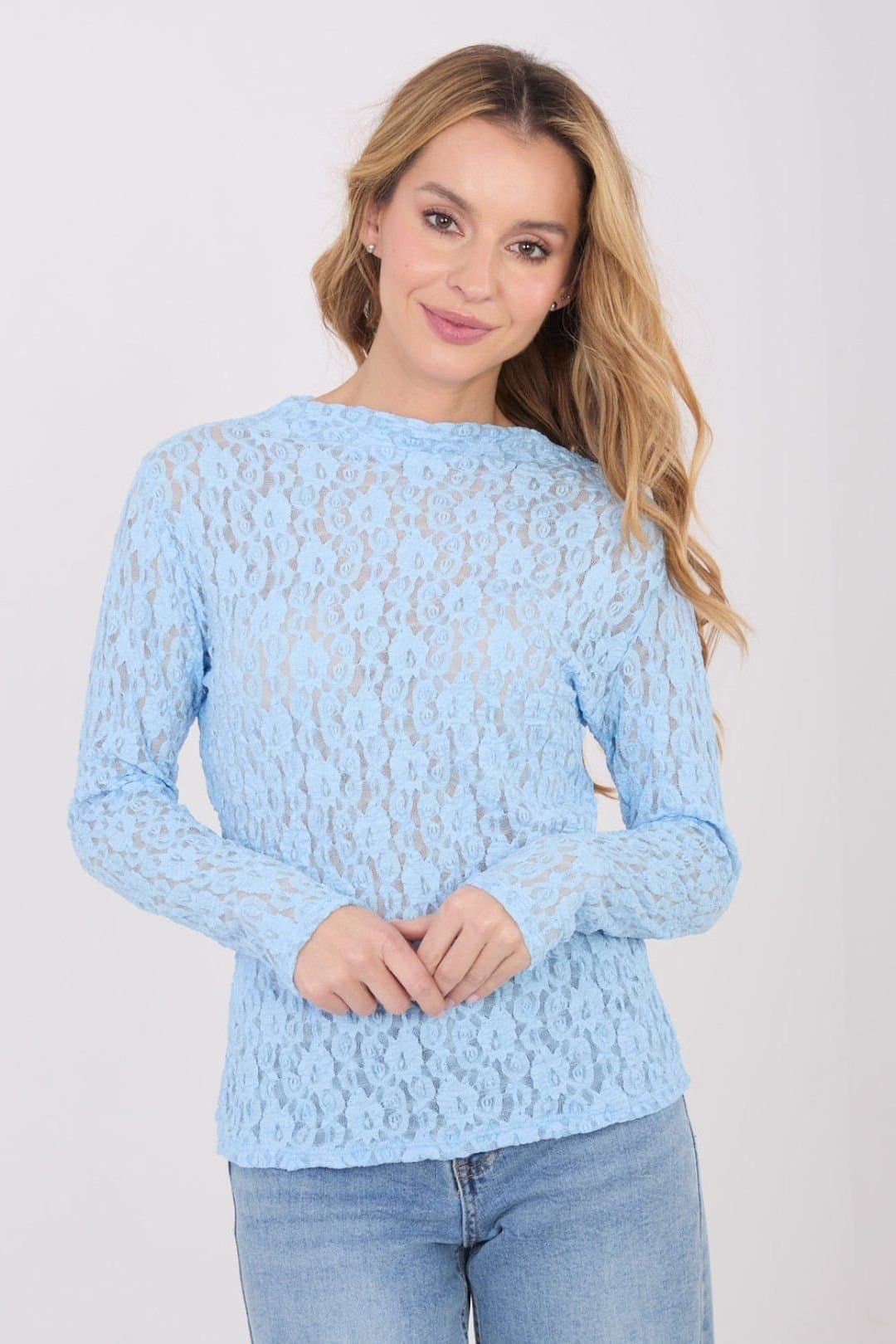 Love Lace Love Lace Blue Lace Long Sleeve Boat Neck Blouse