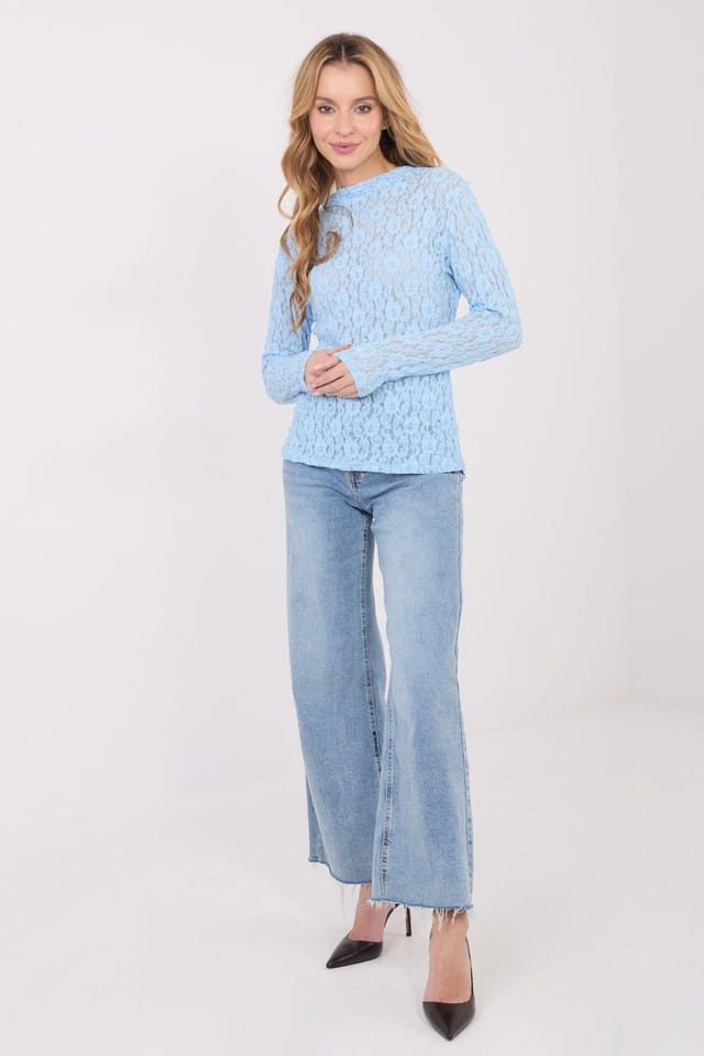 Love Lace Love Lace Women's Elegant Lace Long Sleeve Boat Neck Blouse Style 223398 in Blue - 2