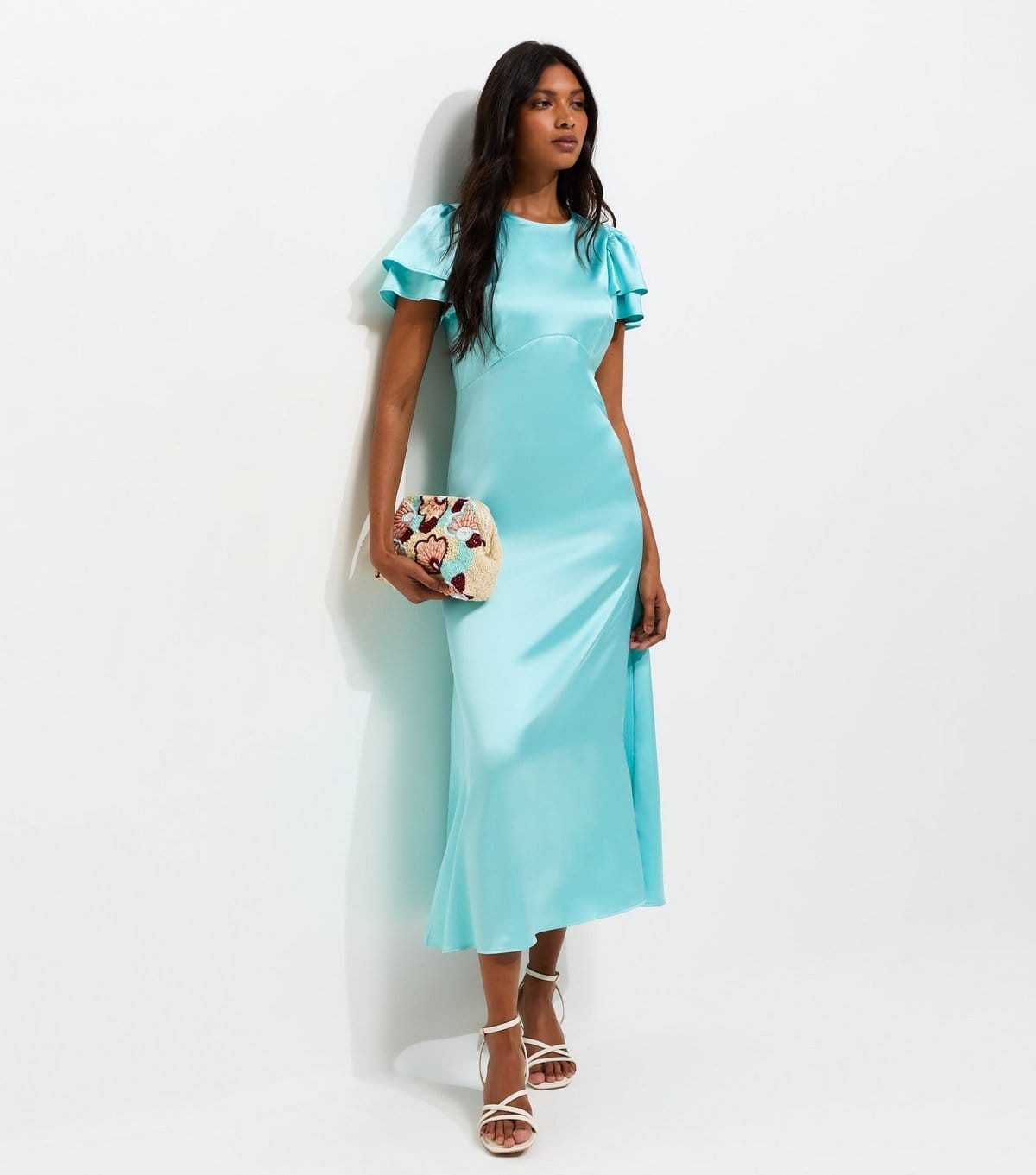 New Look Light Blue Satin Flutter Sleeve Midi Dress