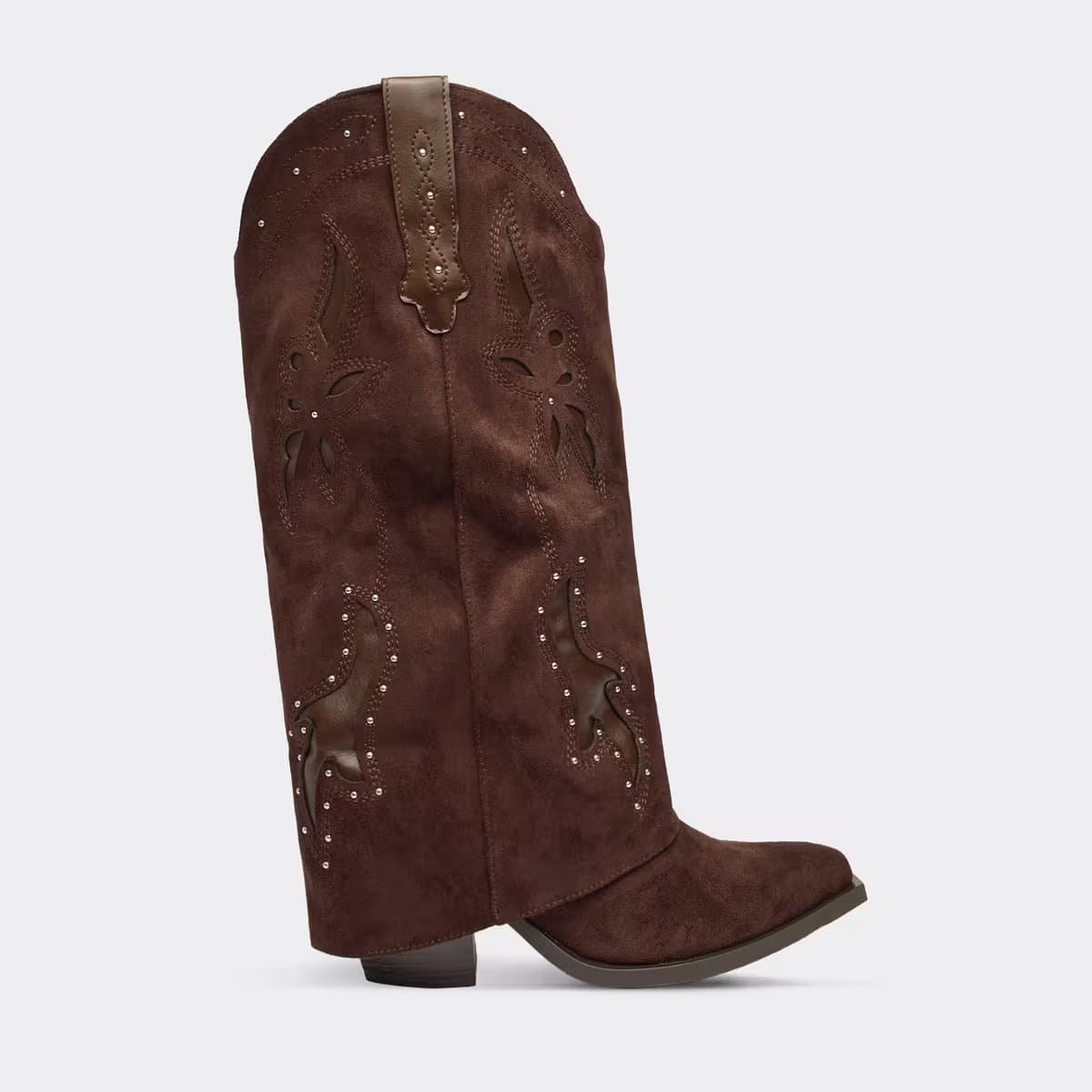 EGO Marilla Cut Out Stud Layered Detail Western Cowboy Boot In Brown Faux Suede., Women's Size UK 3