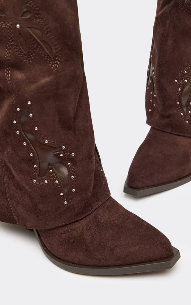 EGO Marilla Cut Out Stud Layered Detail Western Cowboy Boot In Brown Faux Suede., Women's Size UK 3 - 2