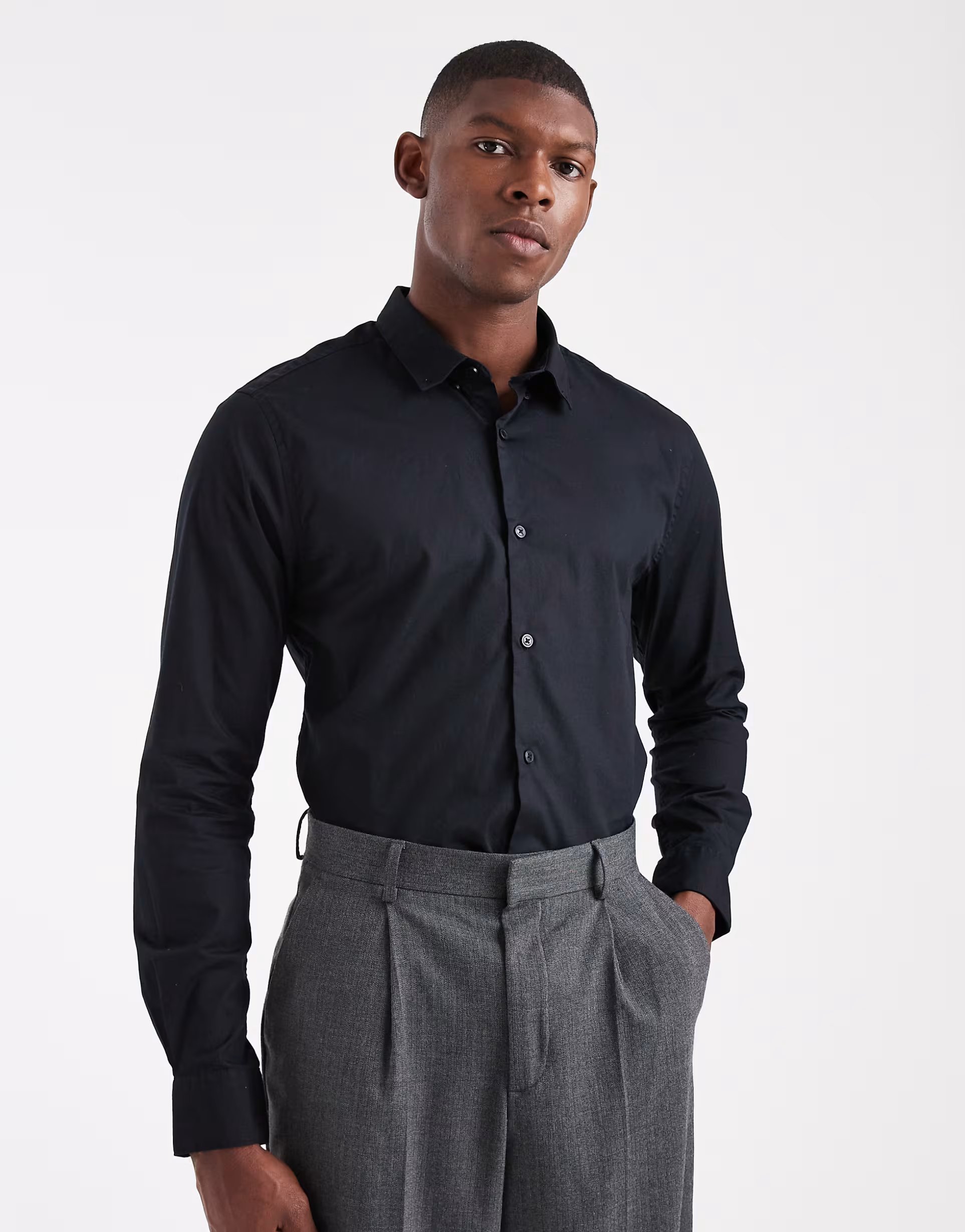 ASOS ONLY & SONS slim fit stretch poplin shirt in Black - 1