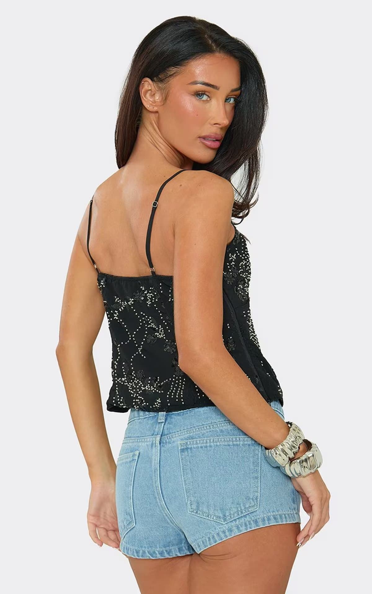 EGO Sleeveless Plunge Front Cami Top In Black Floral Sequin, Women's Size UK 6