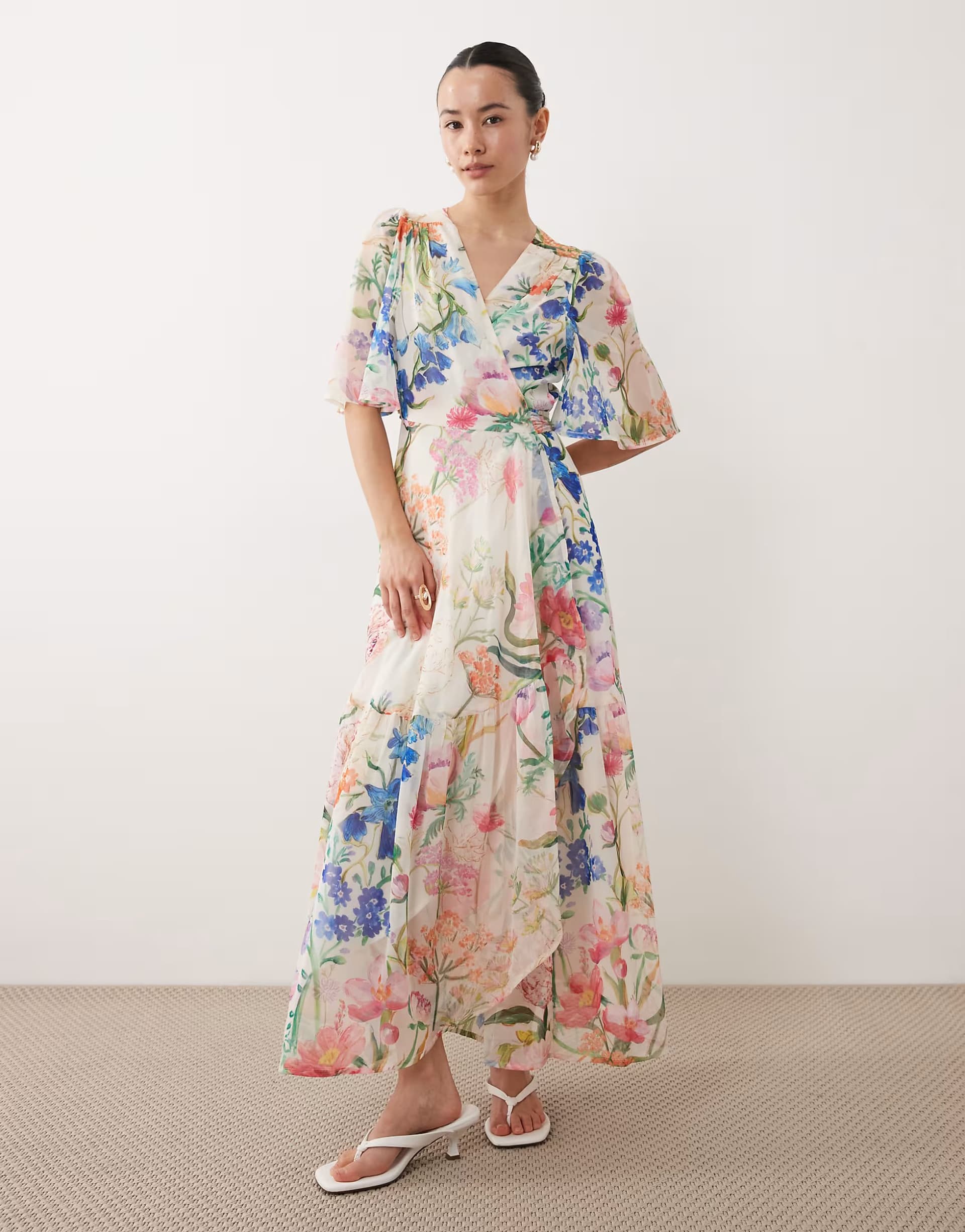 ASOS Hope & Ivy Petite wrap tie detail maxi dress in white floral