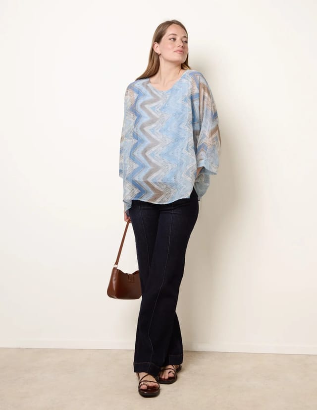 Blue Vanilla Zig Zag Round Neck Oversized Top - 3