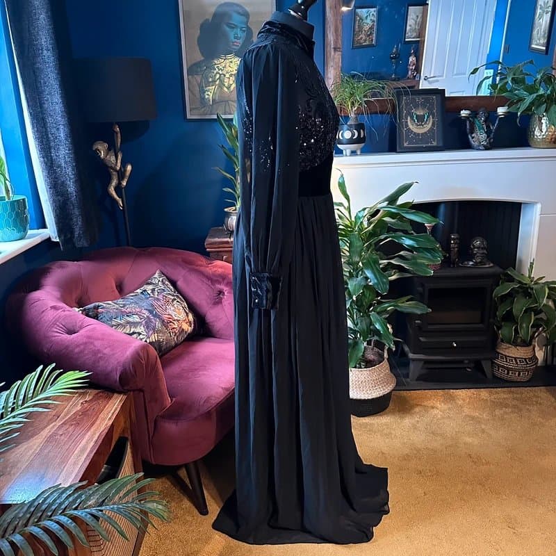 Goddiva Goddiva London Black Sequin Chiffon Maxi Dress Velvet Gothic Evening Size 12