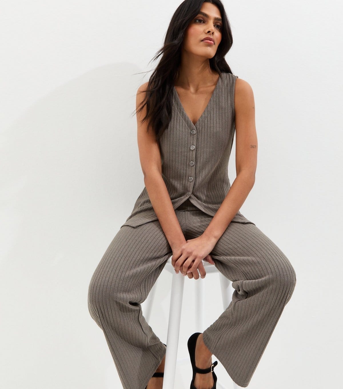 New Look Khaki Ribbed Wide-Leg Trouser Set