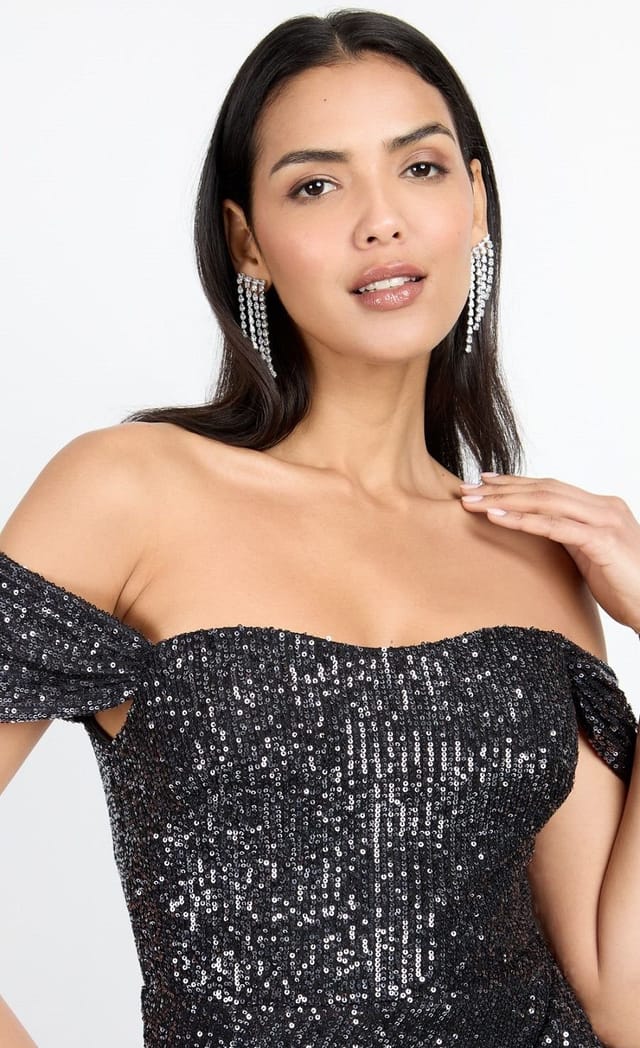 Little Mistress Little Mistress Women's Black Sequin Draped Bardot Mini Dress - 3