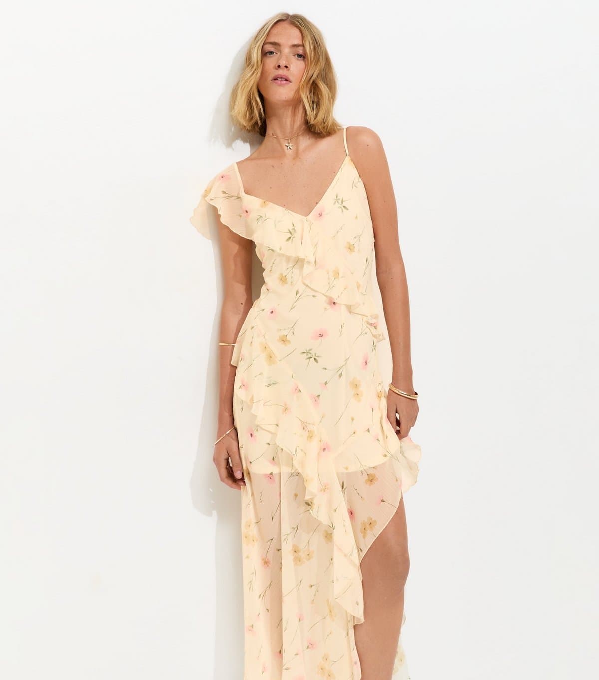 New Look Women's Cream Chiffon Ruffle Trim Floral Midi Dress New Look