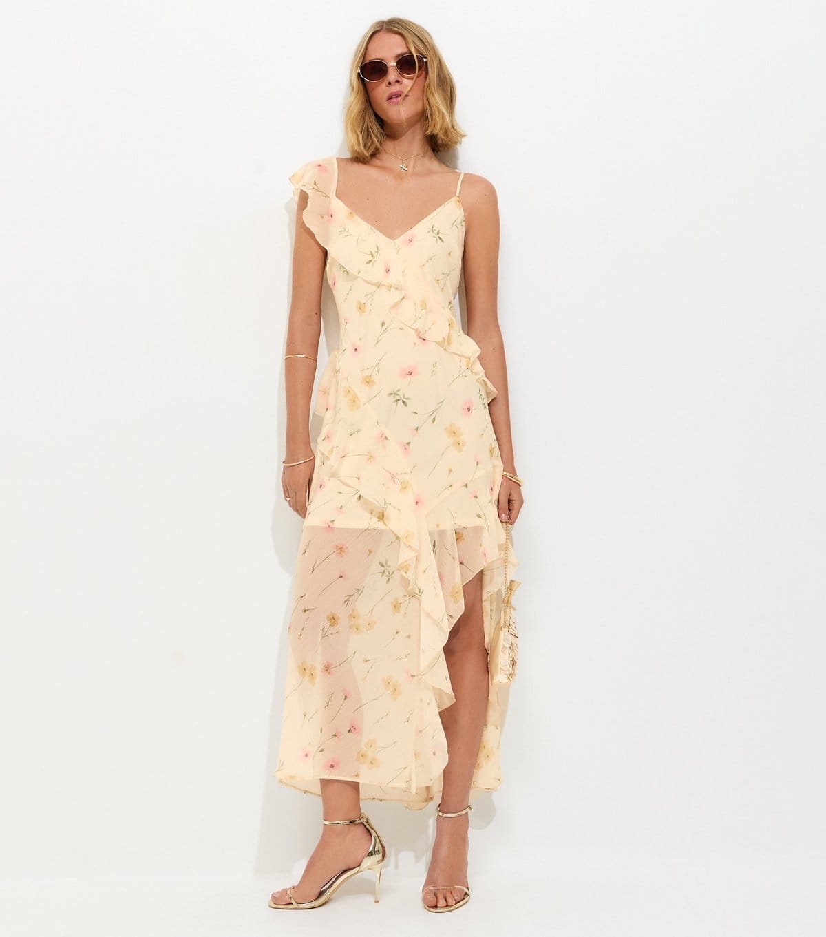 New Look Women's Cream Chiffon Ruffle Trim Floral Midi Dress New Look - 3