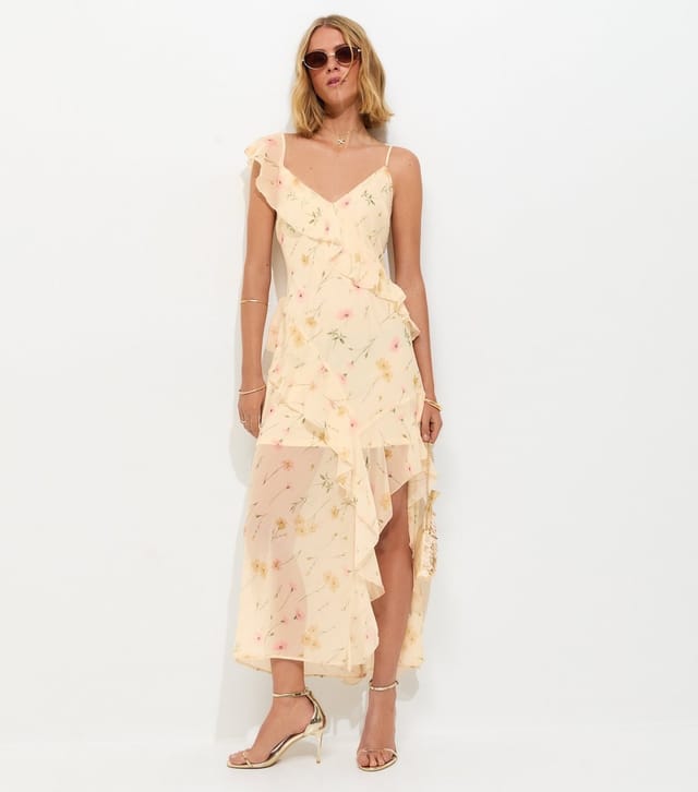 New Look Women's Cream Chiffon Ruffle Trim Floral Midi Dress New Look - 3