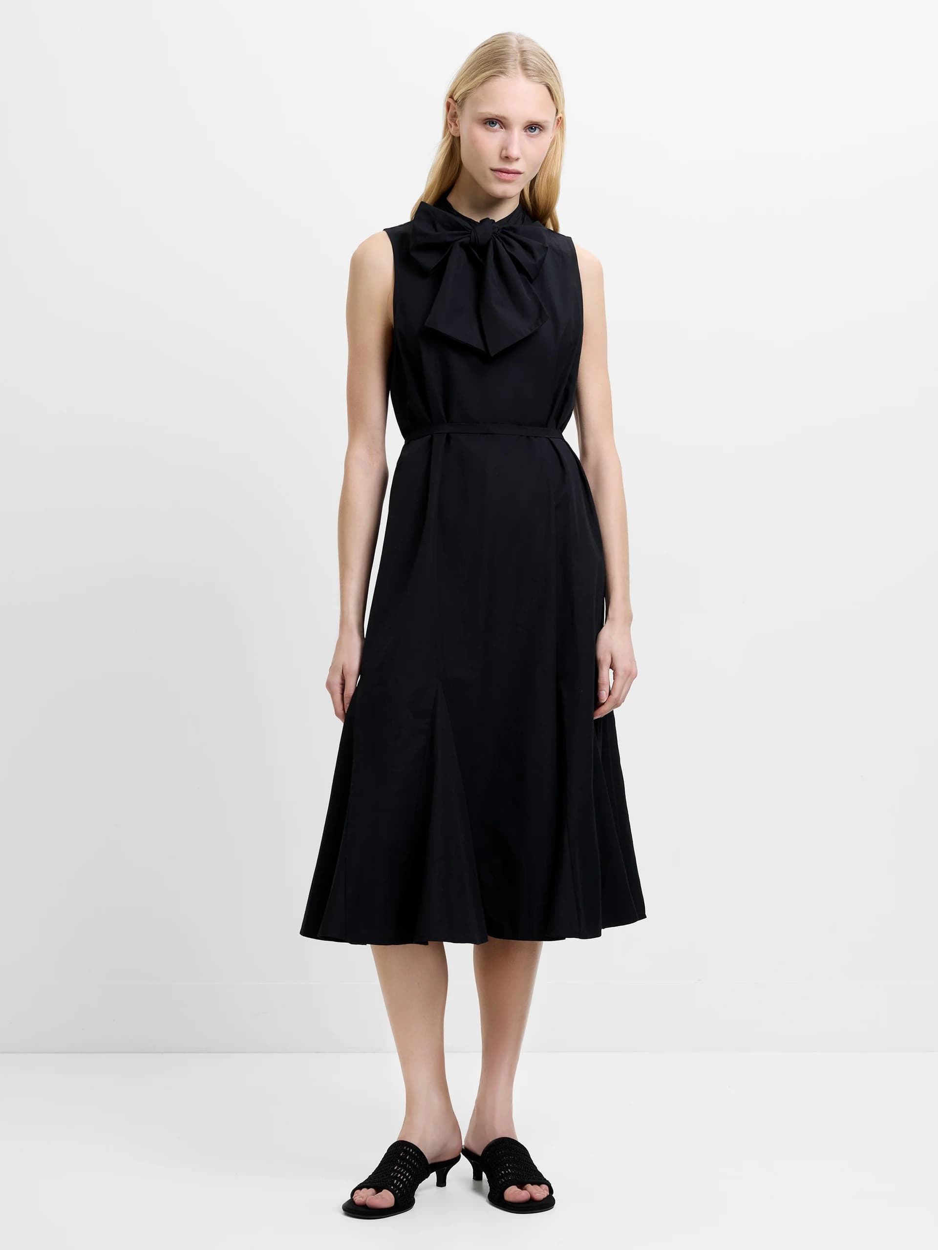 French Connection Era Poplin Sleeveless Godet Bow Black Midi Dress Black