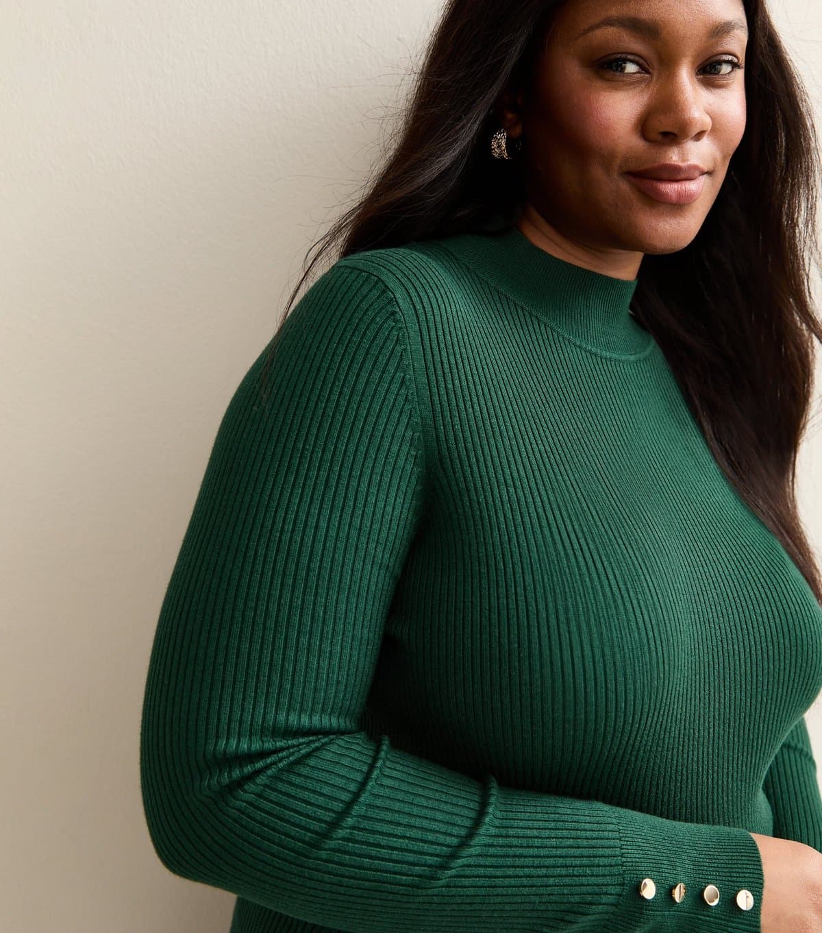 New Look New Look Dark Green Ribbed Button Detail Top