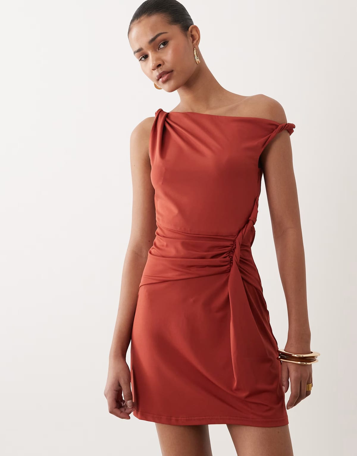 ASOS SNDYS twist waist detail asymmetric shoulder mini dress in amber - 1