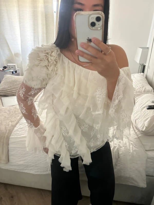 ASOS Asymmetric lace flower appliqué frill long sleeve blouse top