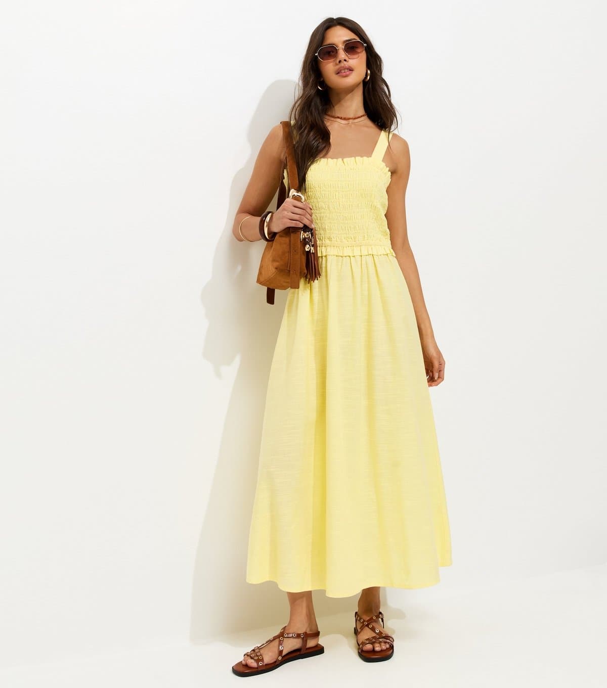 New Look Women's Light Yellow Cotton Shirred Bow Strap Midi Dress New Look