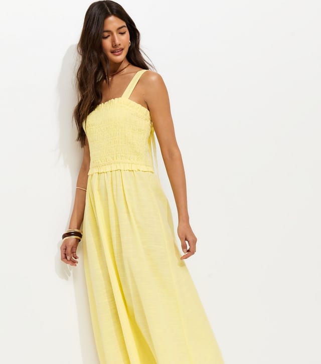 New Look Women's Light Yellow Cotton Shirred Bow Strap Midi Dress New Look - 3