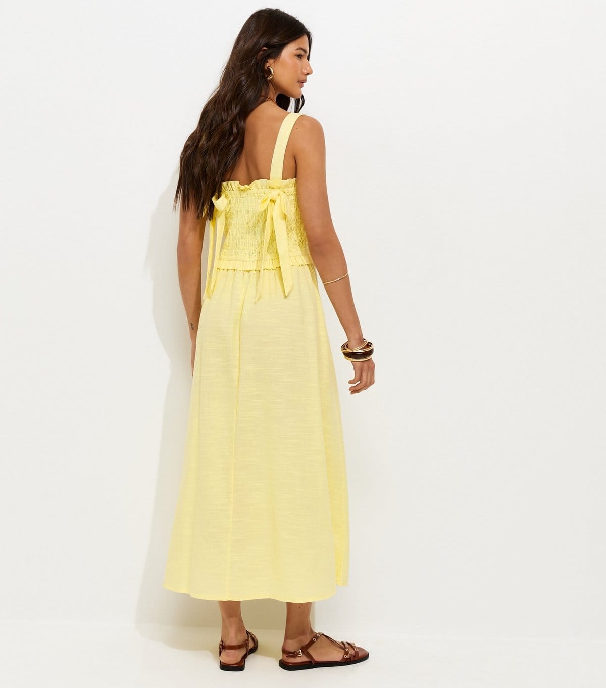 New Look Women's Light Yellow Cotton Shirred Bow Strap Midi Dress New Look - 4