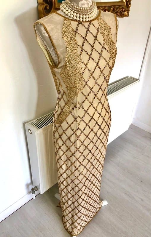 Vintage Dressing Vintage Silk 100% Heavily Beaded Gold Maxi Dress Gown size 10