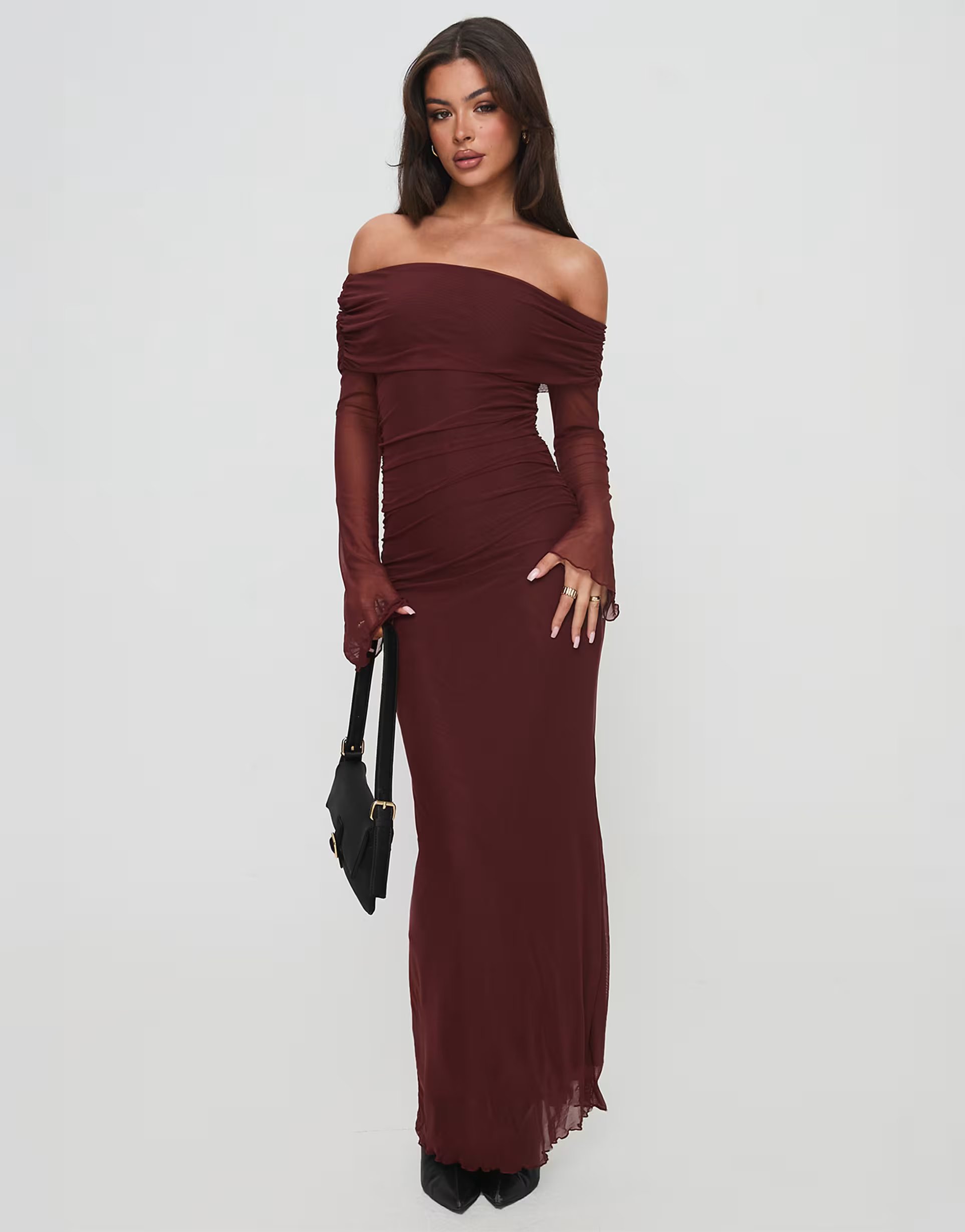 ASOS Princess Polly Consideration mesh bardot flare sleeve lettuce edge maxi dress in chocolate - 1