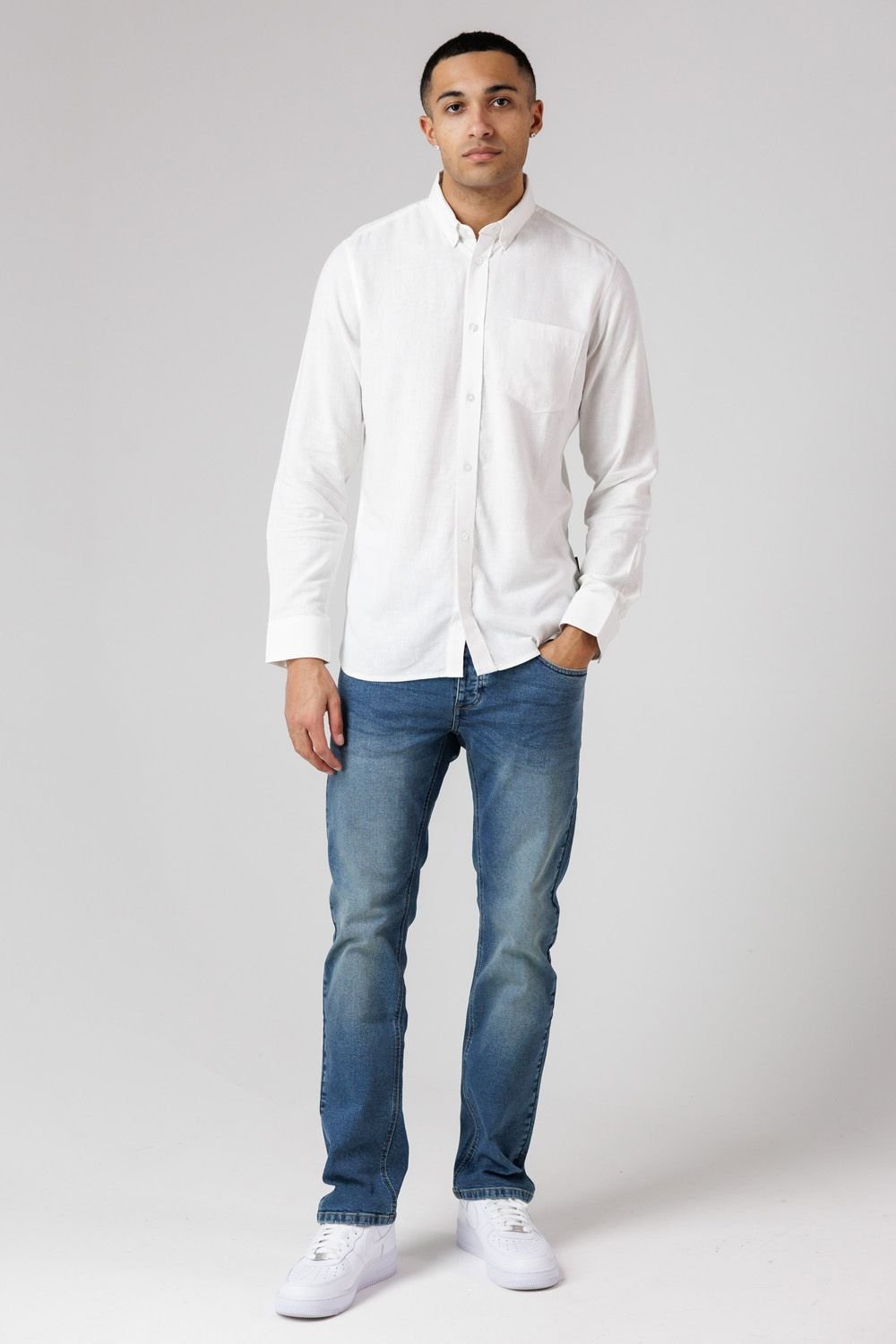 French Connection French Connection Men's Linen Blend Long Sleeve Chest Pocket Shirt in White - 3