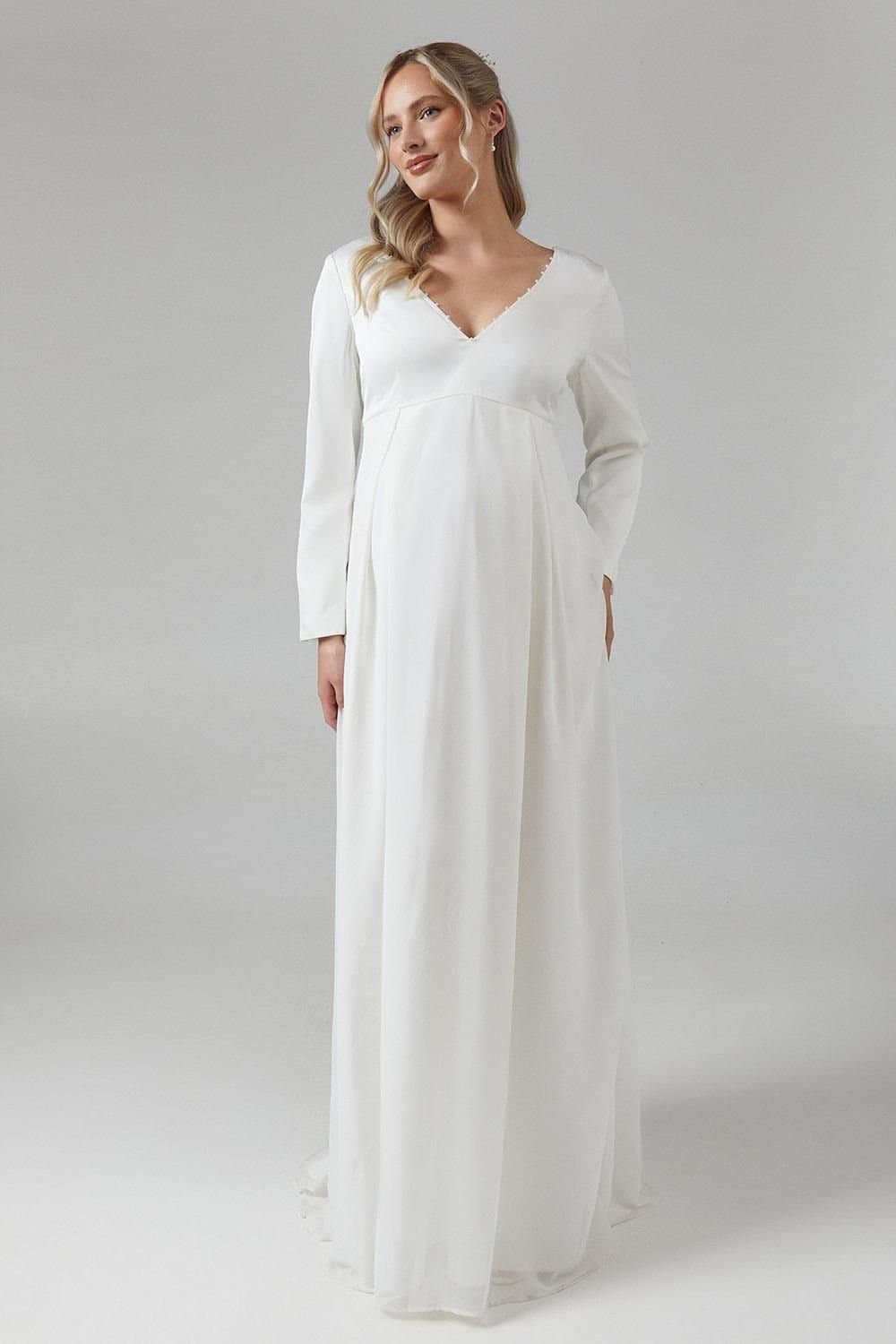 Coast Coast Women's Maternity Chiffon Overlayer Long Sleeve Wedding Dress in Ivory