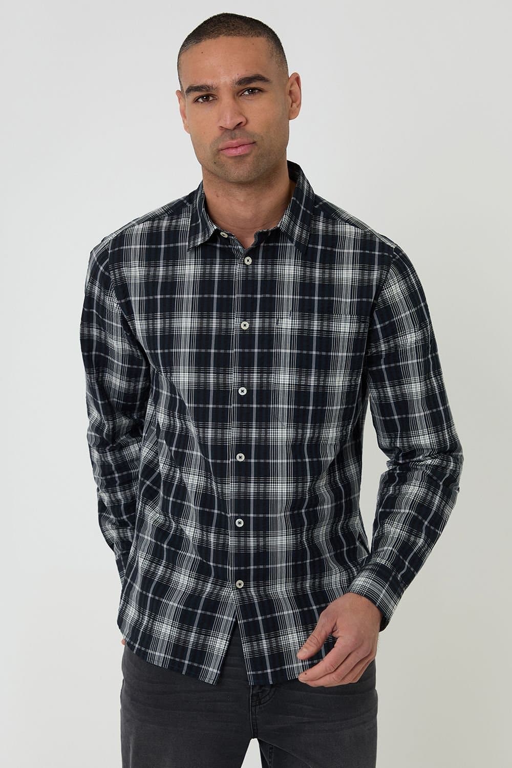 Threadbare Threadbare Black Check Cotton Long Sleeve Shirt