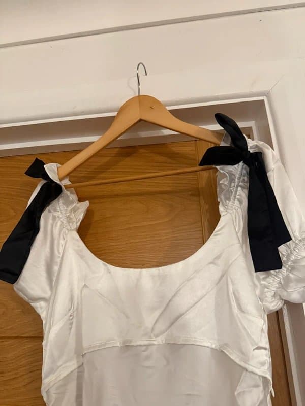 ASOS ASOS Design White Satin Black Ribbon Tie Bow Shoulder Puff Sleeve Scoop Neck Tea Midi Dress