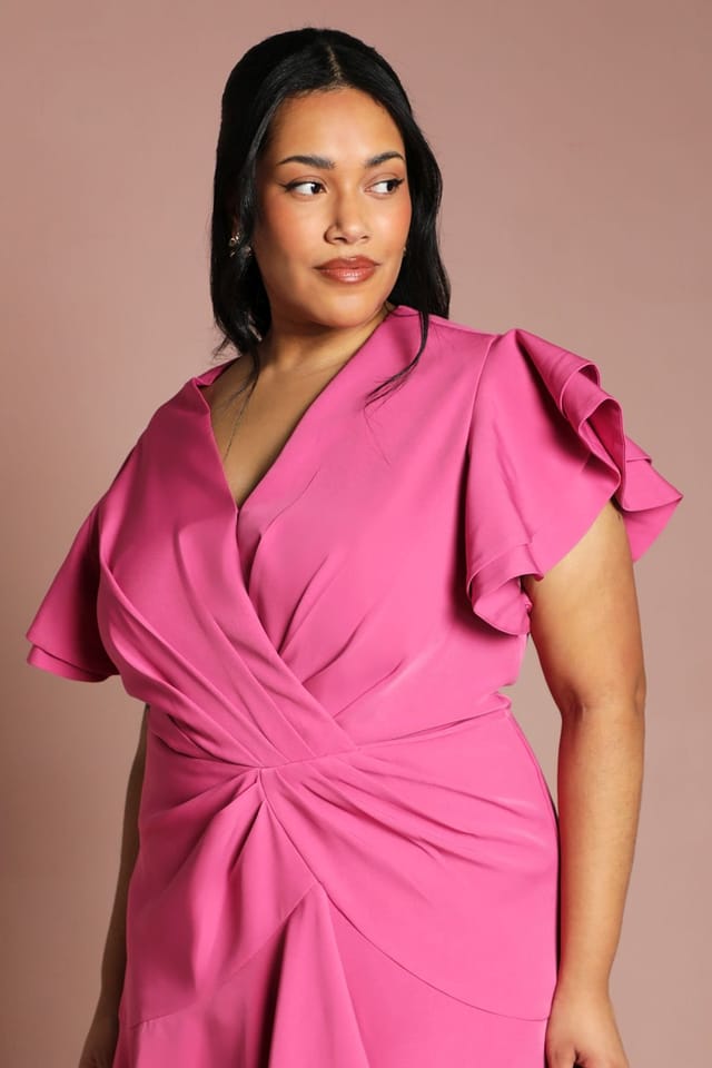 Coast Coast Women's Plus Short Sleeve V Neck Wrap Front Midi Dress in Magenta - 2