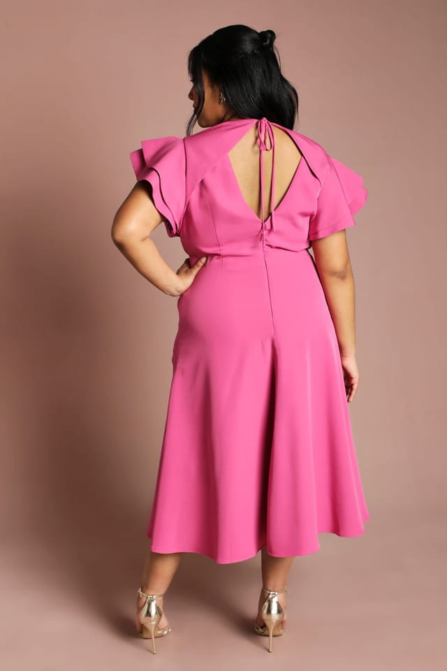 Coast Coast Women's Plus Short Sleeve V Neck Wrap Front Midi Dress in Magenta - 3