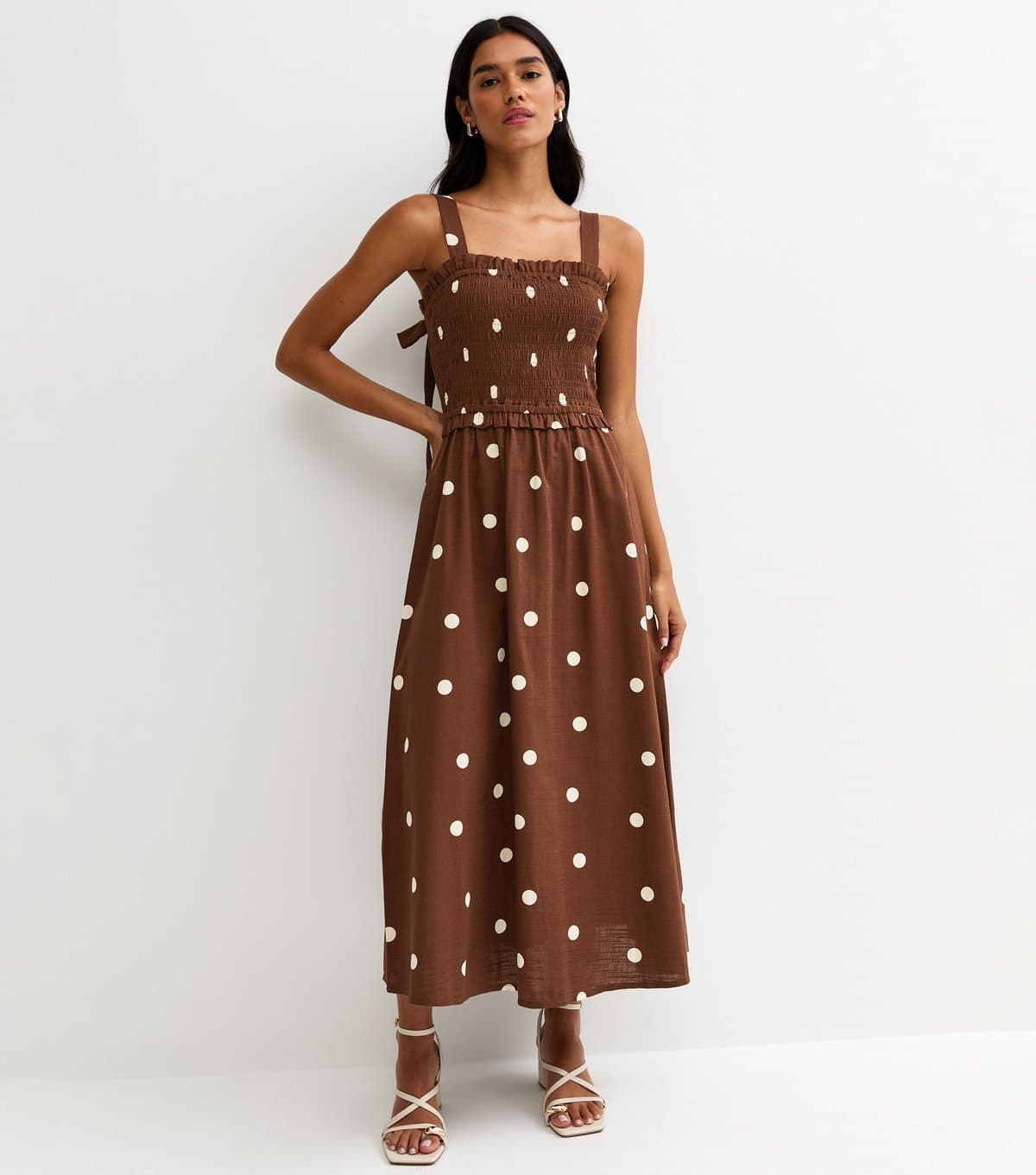 New Look Women's Brown Spot Print Shirred Bow Back Strappy Midi Dress New Look