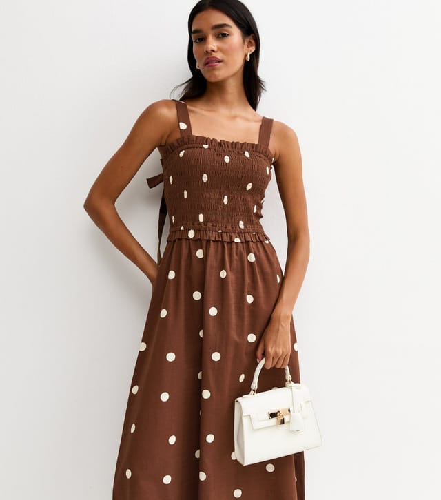 New Look Women's Brown Spot Print Shirred Bow Back Strappy Midi Dress New Look - 3