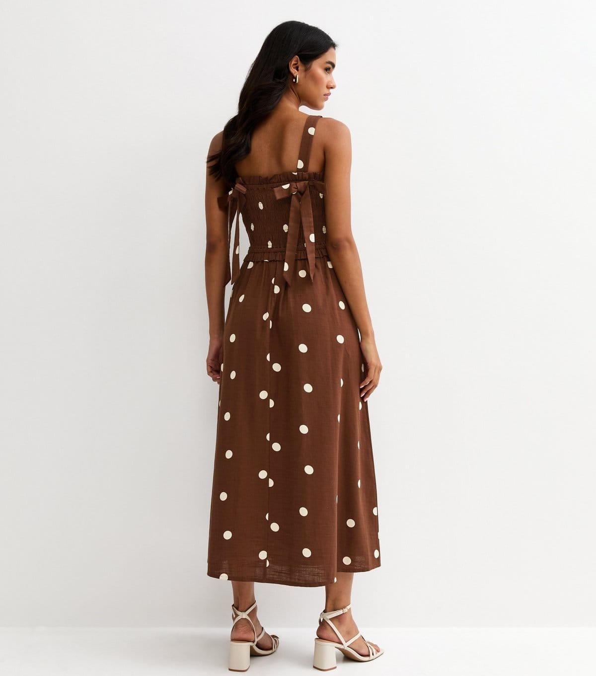 New Look Women's Brown Spot Print Shirred Bow Back Strappy Midi Dress New Look - 4
