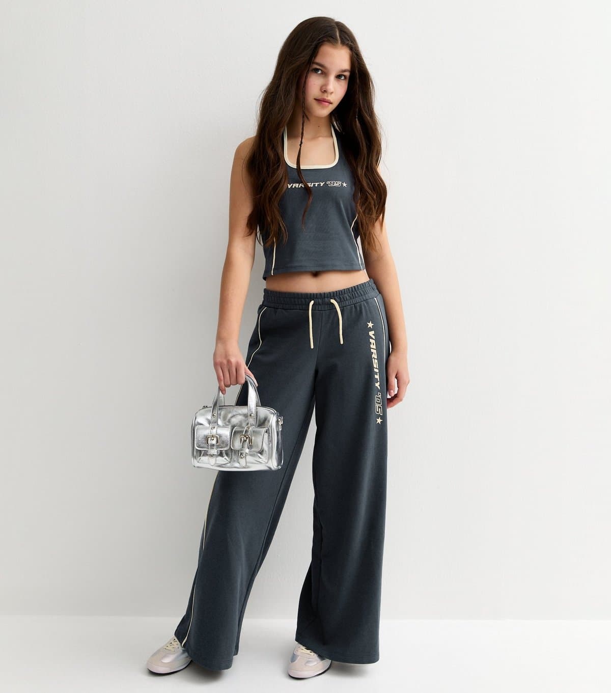 New Look Girls' Dark Grey Varsity Logo Wide Leg Joggers New Look