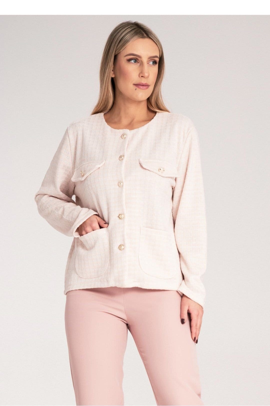 Love Lace Love Lace Women's Classic Checked Tweed Blazer with Gold Buttons in Beige - 1