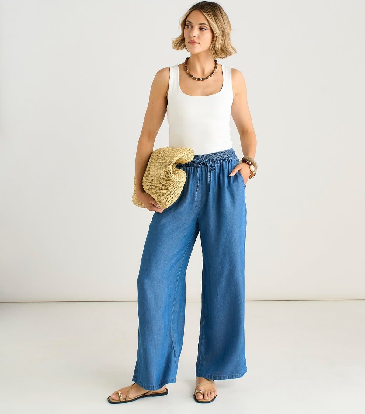 Gini London Women's Blue Drawstring Waist Wide Leg Trousers Gini London New Look