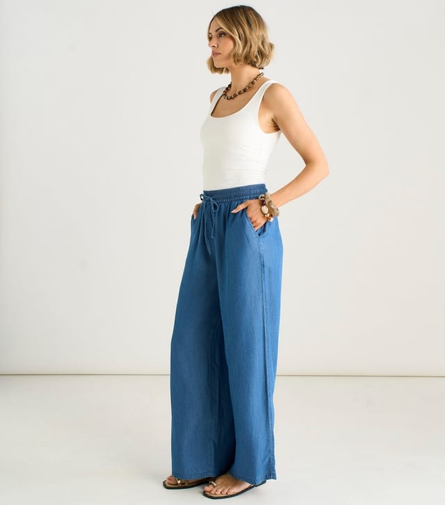 Gini London Women's Blue Drawstring Waist Wide Leg Trousers Gini London New Look - 3