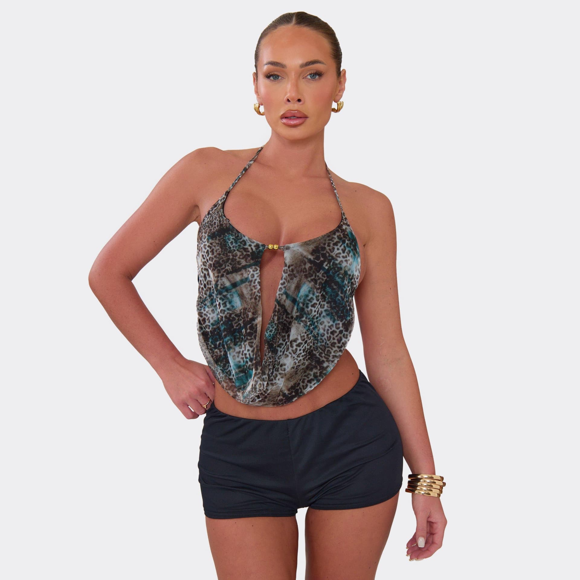 EGO EGO Multi Printed Mesh Cowl Neck Halter Top