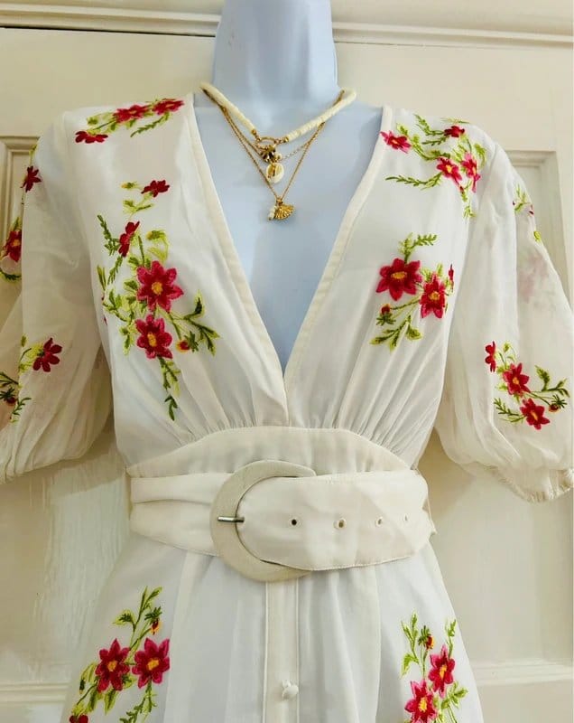 ASOS White Floral Embroidered Belted Mini Tea Dress