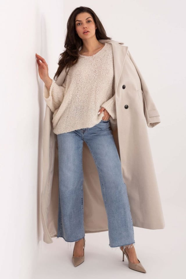 Love Lace Love Lace Women's Boucle V Neck Puff Sleeve Sweater in Beige - 2