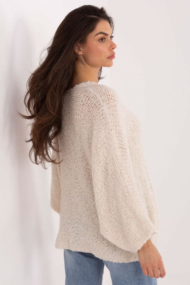 Love Lace Love Lace Women's Boucle V Neck Puff Sleeve Sweater in Beige - 3