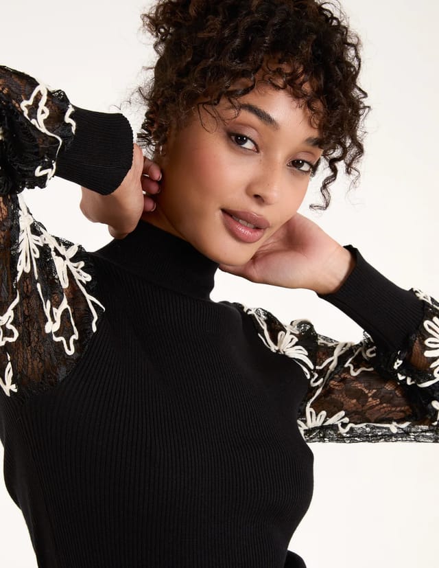 Blue Vanilla Lace Sleeve High Neck Jumper - 3