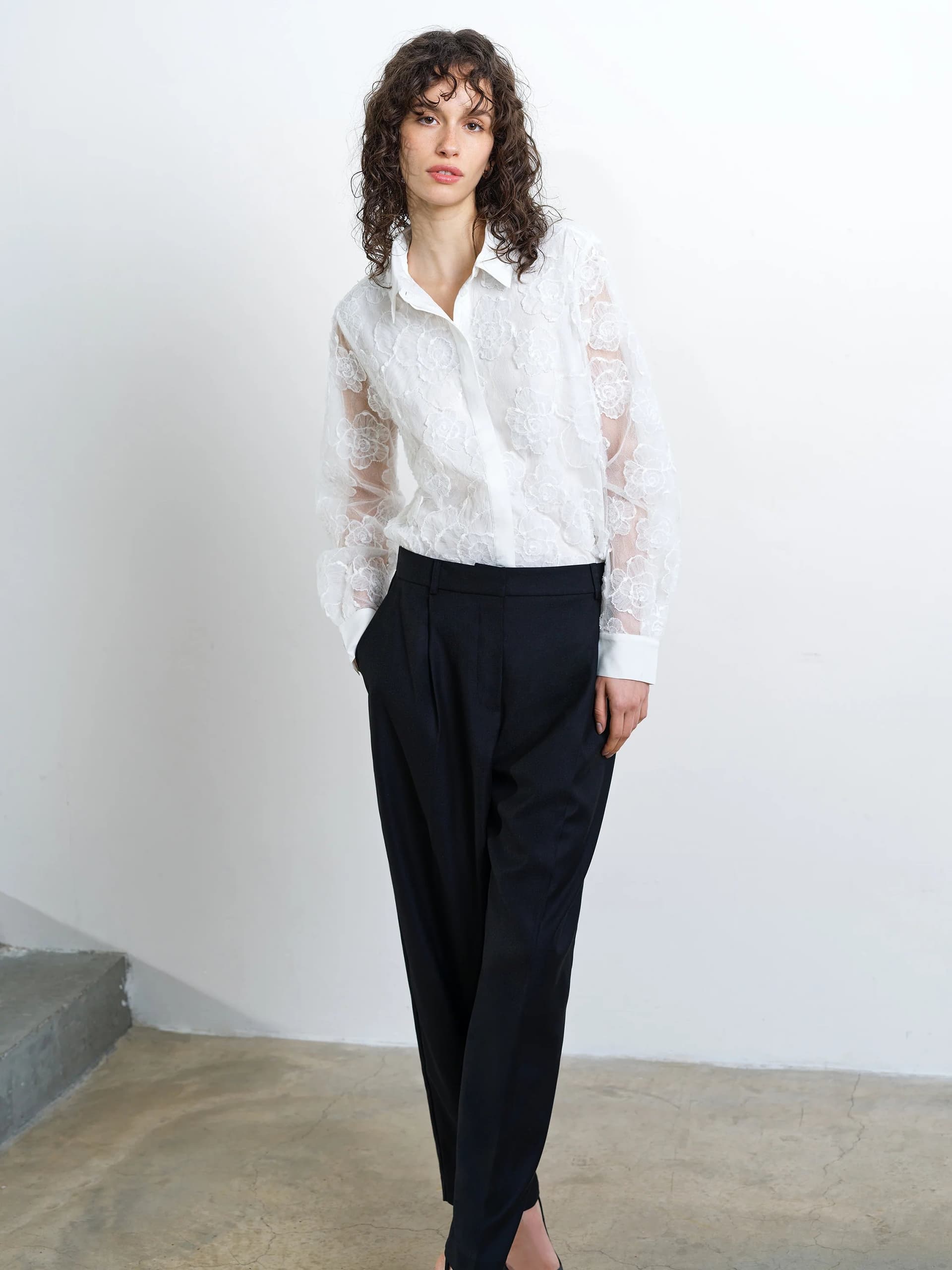 French Connection Ruchi Floral Lace Long Sleeve White Shirt Summer White