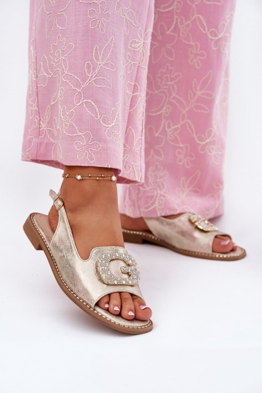 Love Lace Love Lace Gold Flat Heel Sandals with Buckle Strap