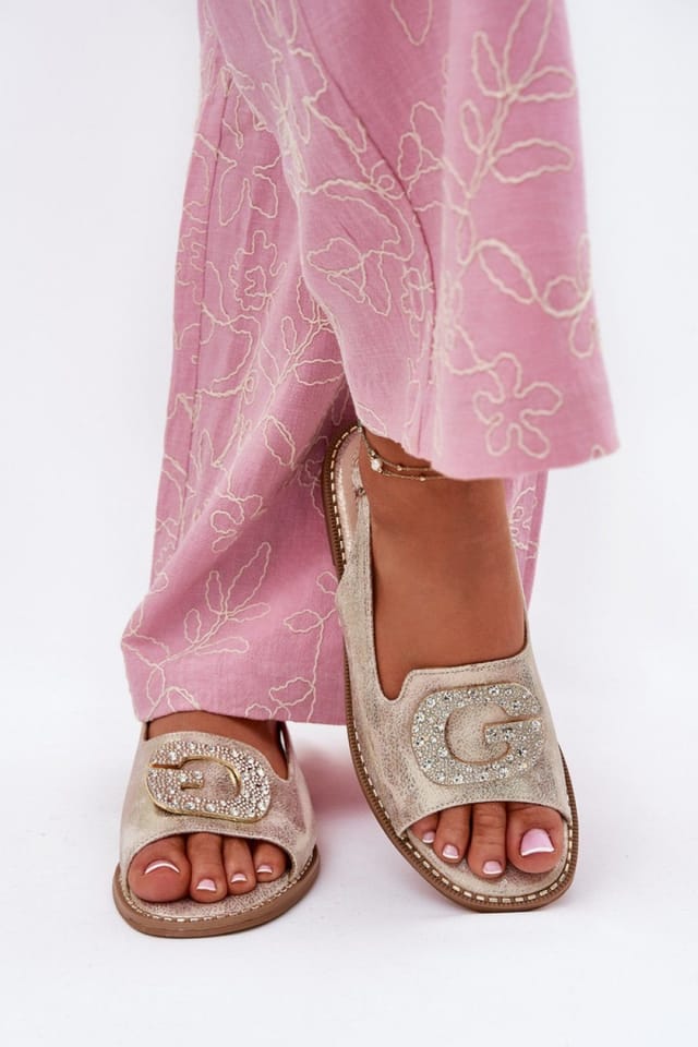 Love Lace Love Lace Women's Flat Heel Sandals with Buckle Strap Decorative Front Comfort in Gold - 3