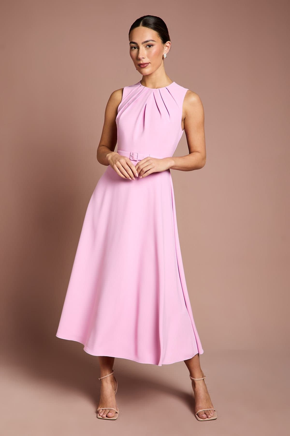 Coast Coast Women's Pleated Neckline Belted Crepe Midi Dress in Pink
