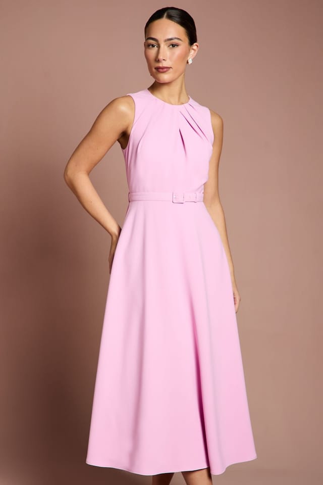 Coast Coast Women's Pleated Neckline Belted Crepe Midi Dress in Pink - 2